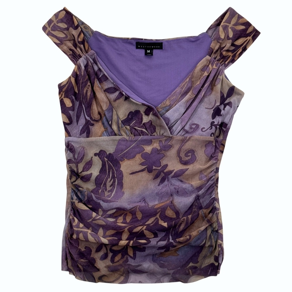 Weston Wear Purple and Tan Floral Ruched Cap-Sleeve Blouse
